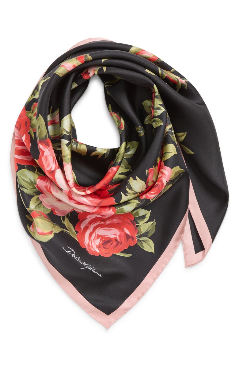 Dolce&Gabbana Floral Print Silk Scarf, Alternate, color, Hn5zn Bouquet Rose F.nero