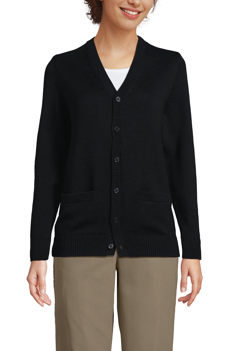 Lands' End School Uniform Adult Legacy Varsity Cardigan, Main, color, Black