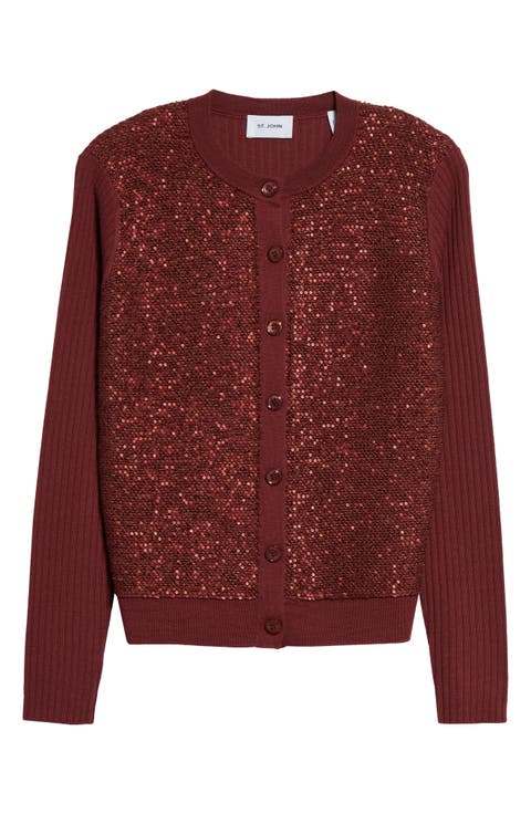 Sequin Wool & Silk Blend Rib Cardigan