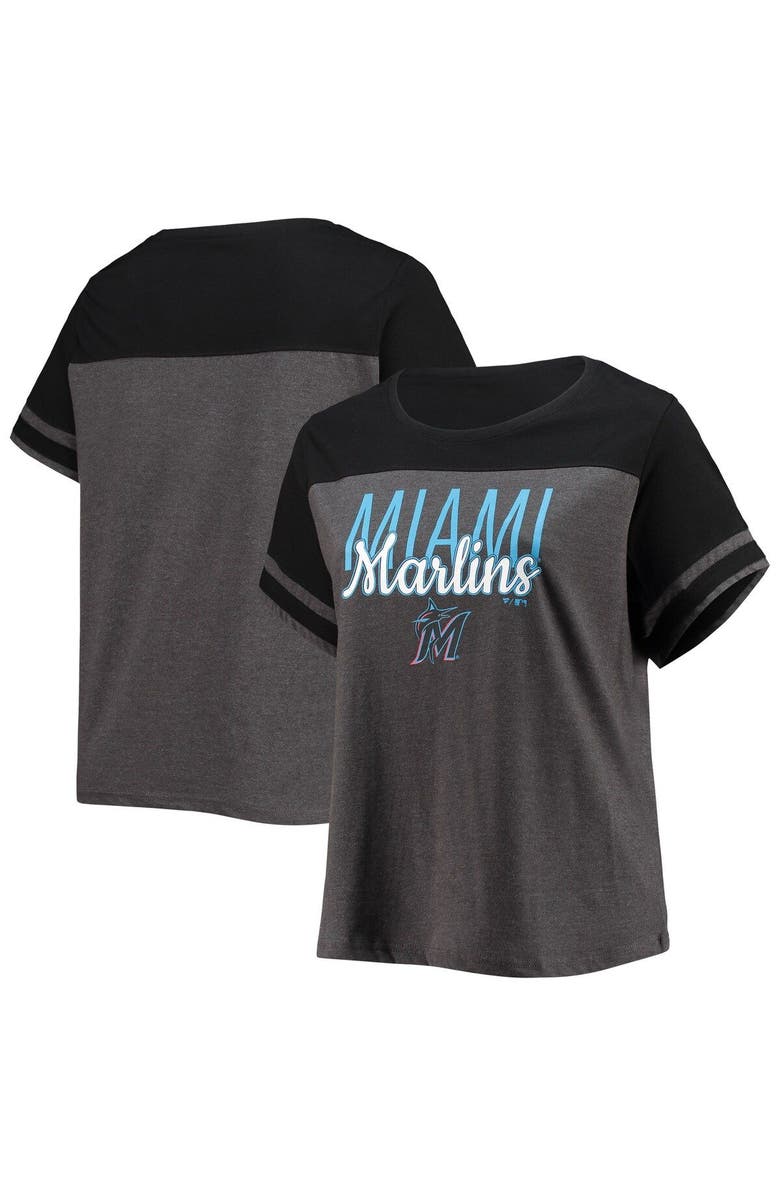 PROFILE Women's Heathered Charcoal/Black Miami Marlins Plus Size Colorblock T-Shirt, Main, color, Heather Charcoal
