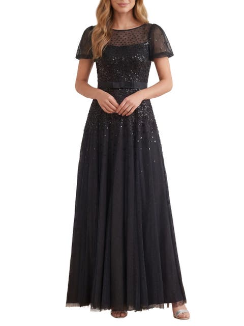Sequin Cascade Bow Short Sleeve Gown