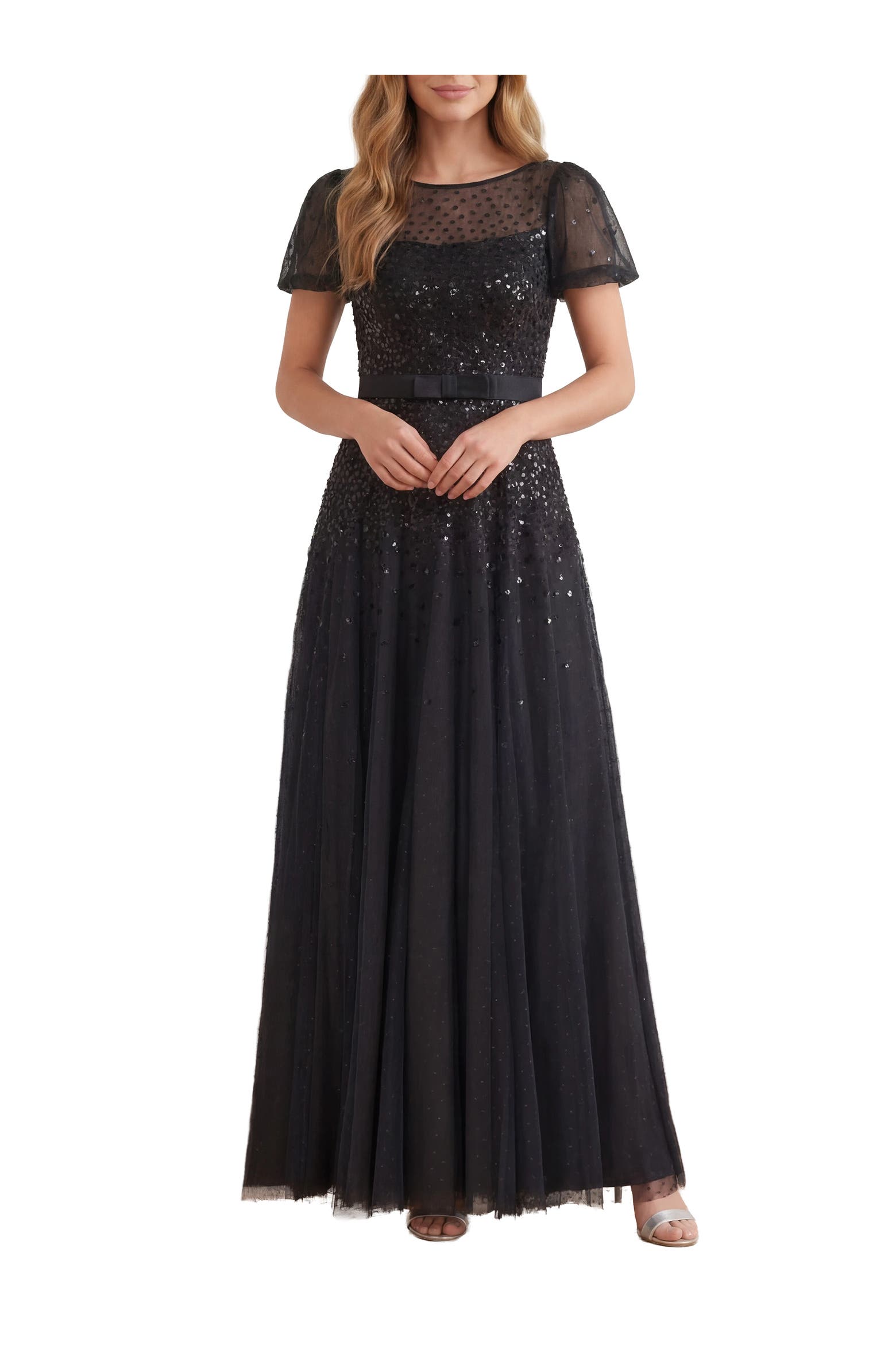 Short Syringes Needle & Thread Sequin Cascade Bow Short Sleeve Gown (Women) | Nordstrom