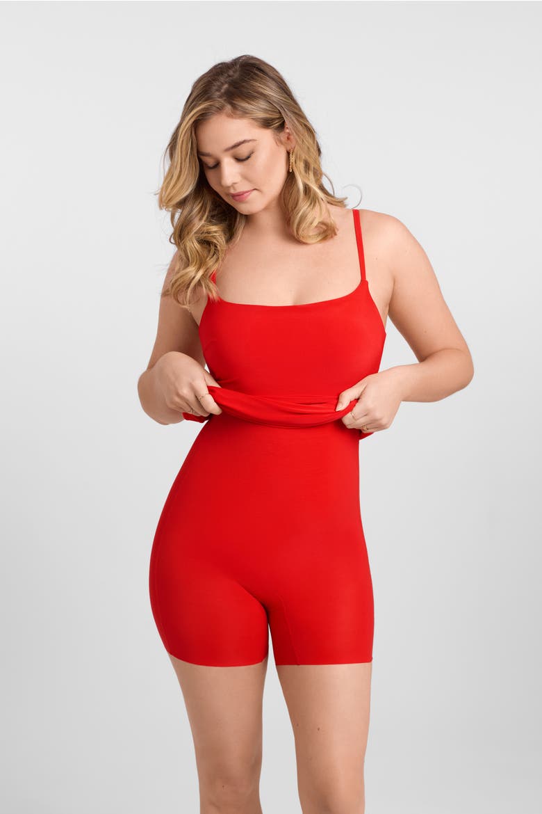 Sculpting Shapewear Rib Straight Neck Off The Shoulder Midi Dress, Alternate, color, Scarlet Rib