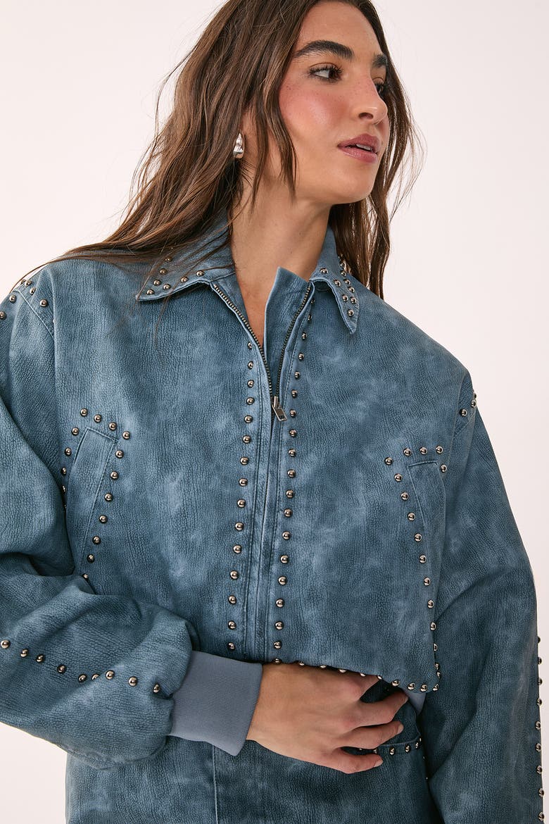 Leather Studded Bomber Jacket, Alternate, color, Blue