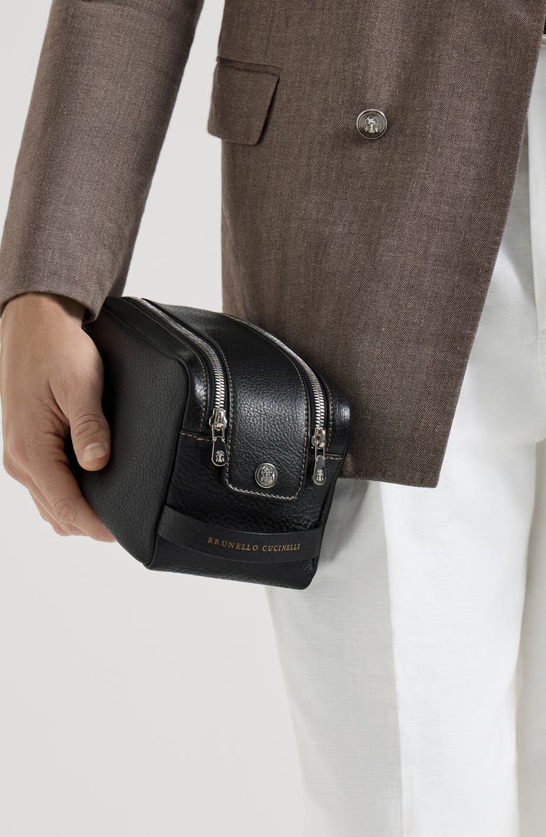 Brunello Cucinelli Grained calfskin beauty case with zipper, Alternate, color, Black