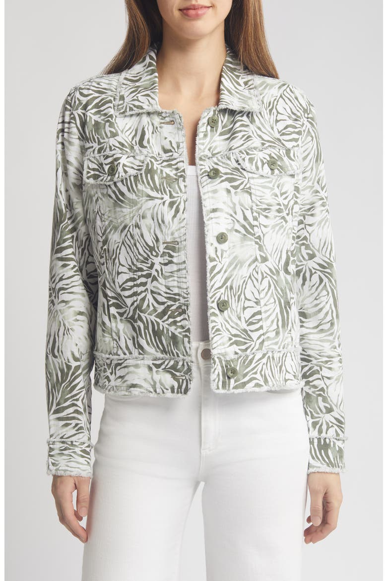 Monstera Mirage Linen Trucker Jacket, Main, color, TEA LEAF