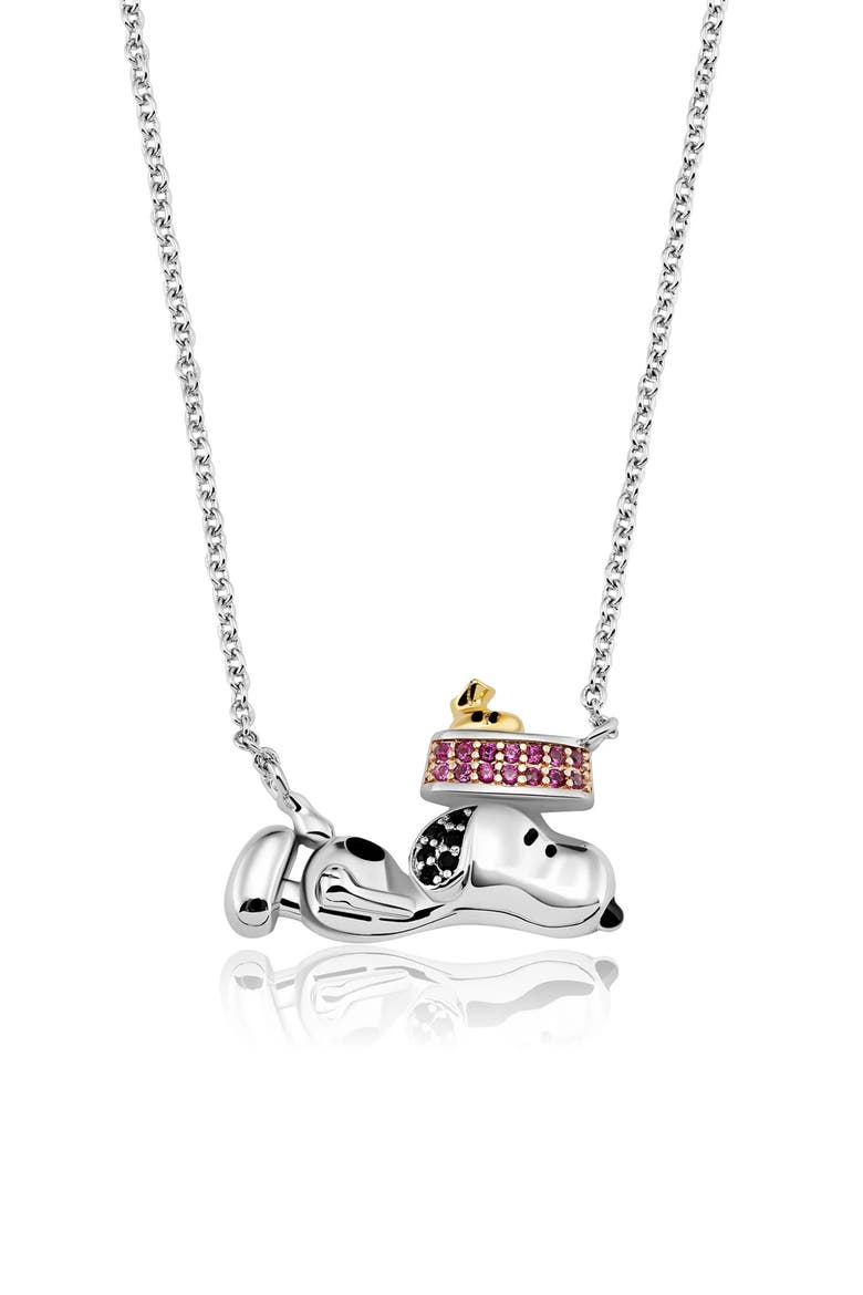 x Peanuts® Snoopy's Dog Dish Pendant Necklace, Main, color, PURE PLATINUM / CLEAR STONE