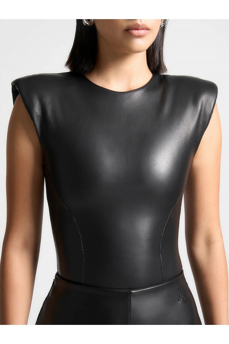Exaggerated Shoulder Leather Bodysuit, Alternate, color, Black