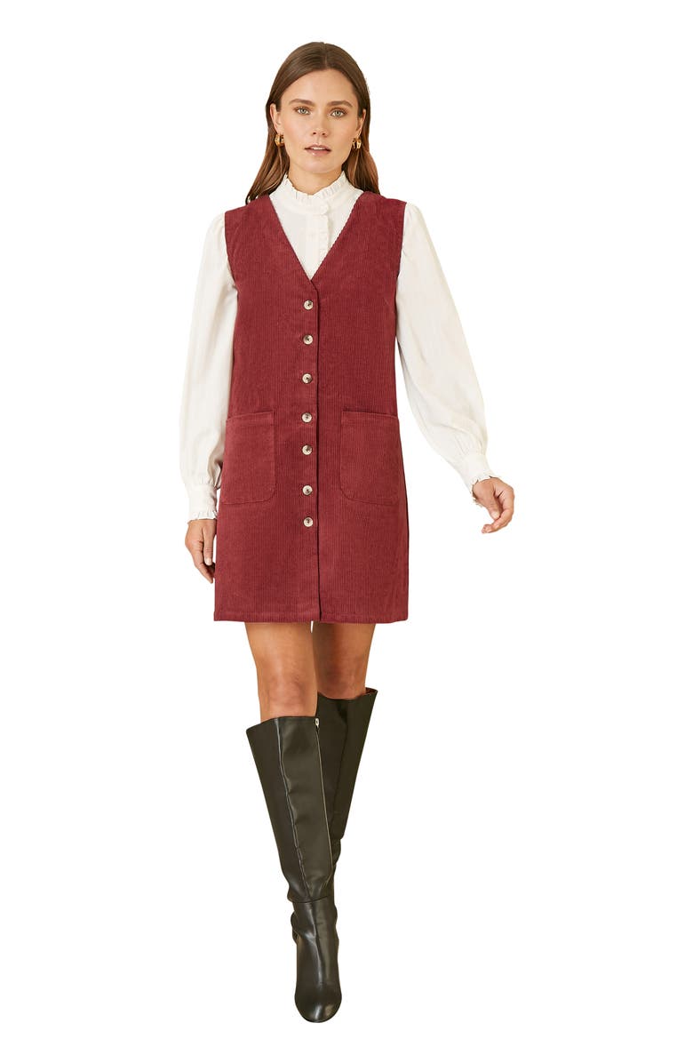 Yumi V-Neck Cord Pinafore Dress, Main, color, Burgundy