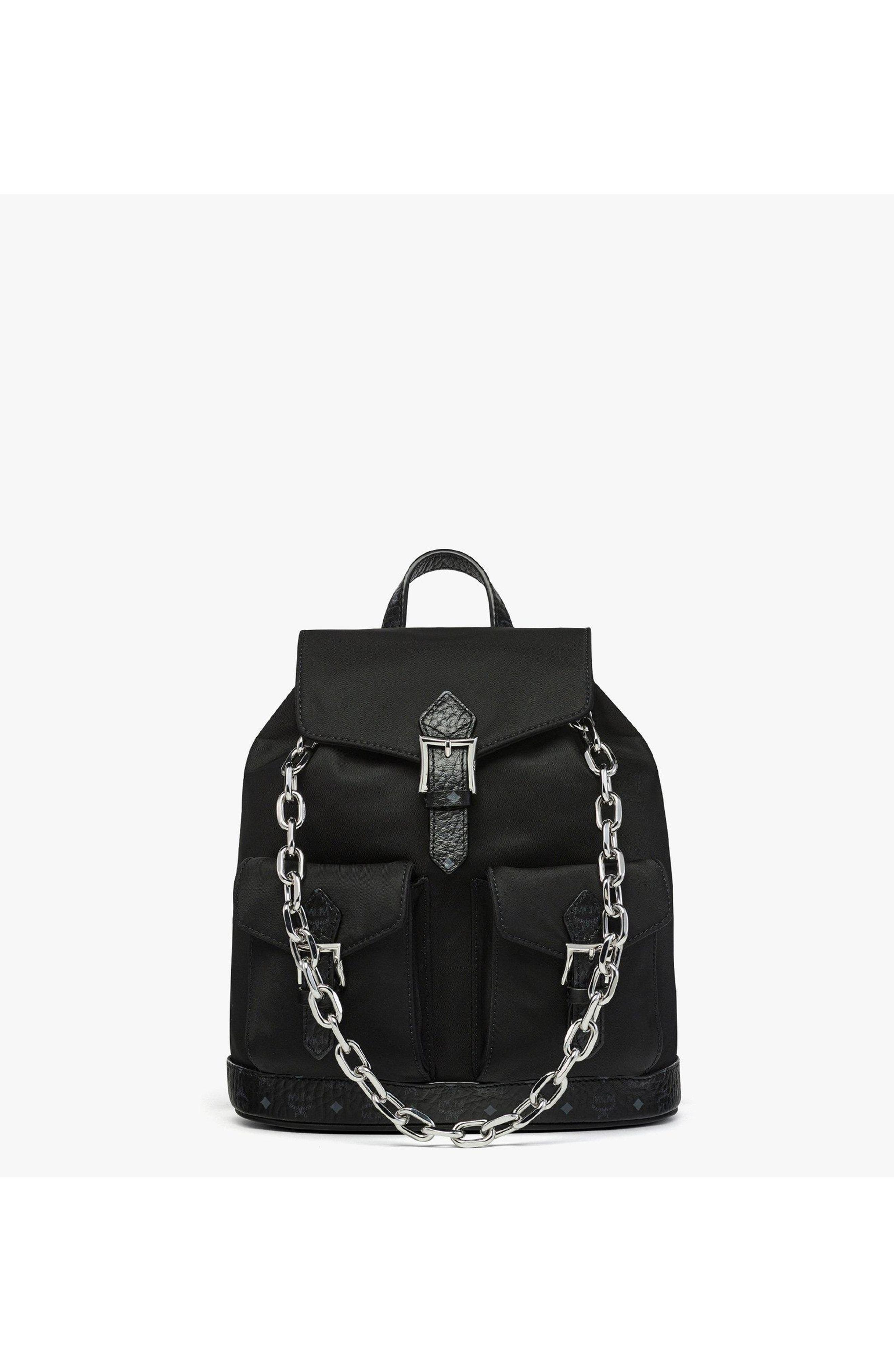 MCM Mini Aren Drawstring Backpack in ECONYL and Leather, Main, color, Black