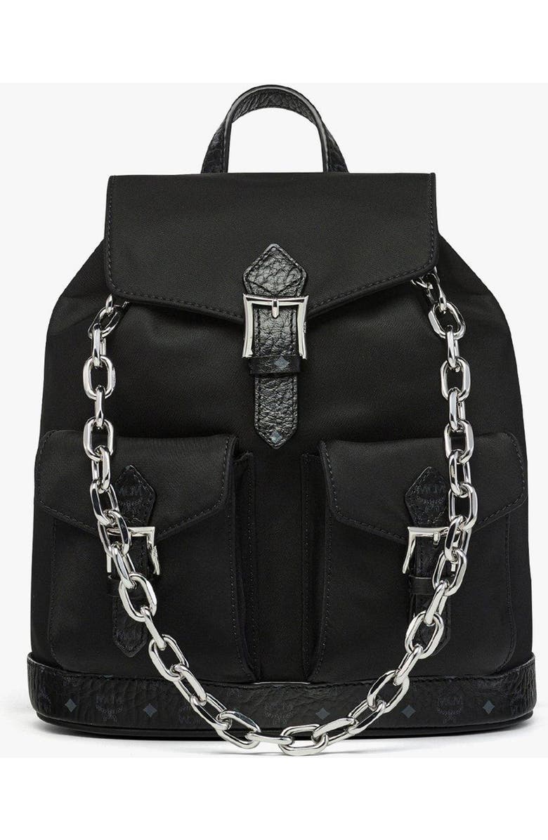 MCM Mini Aren Drawstring Backpack in ECONYL and Leather, Main, color, Black