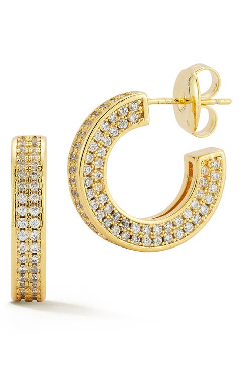 Pavé Cubic Zirconia Square Tube Huggie Hoop Earrings