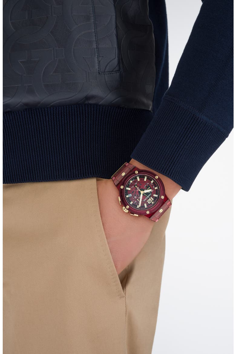 F-80 Translucent Chronograph Recycled Polyurthane Strap Watch, 44mm, Alternate, color, BURGUNDY