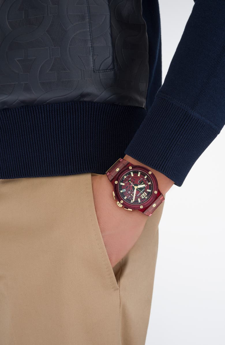 FERRAGAMO F-80 Translucent Chronograph Recycled Polyurthane Strap Watch, 44mm, Alternate, color, Burgundy