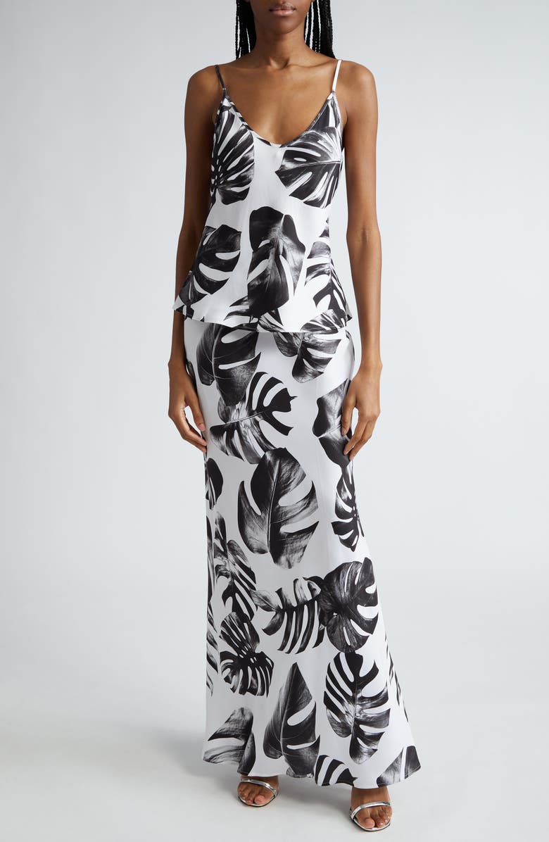L'AGENCE Zeta Palm Satin Maxi Skirt, Alternate, color, Black/ White Palm Leaves