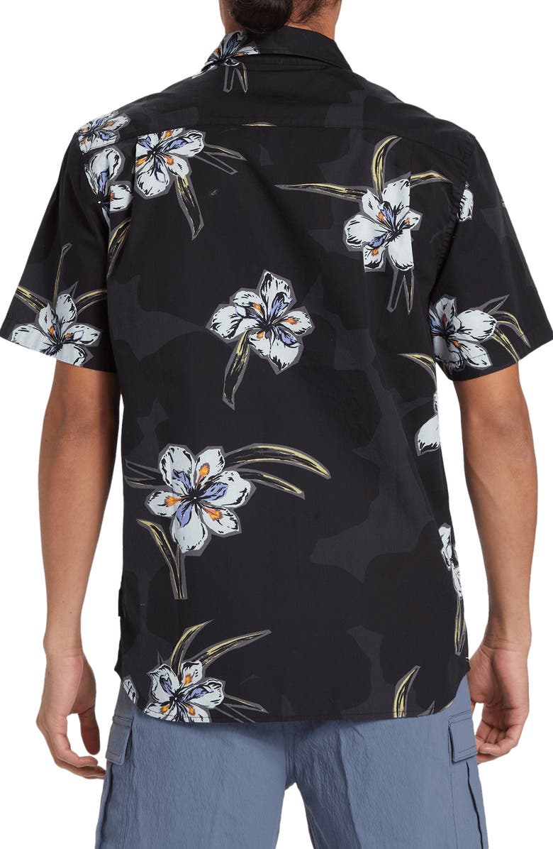 Quiksilver Apero Floral Short Sleeve Stretch Cotton Button-Up Shirt, Alternate, color, Black Paper