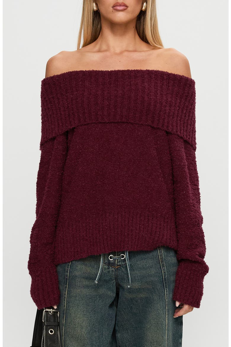 Parkley Off the Shoulder Bouclé Sweater, Main, color, BURGUNDY