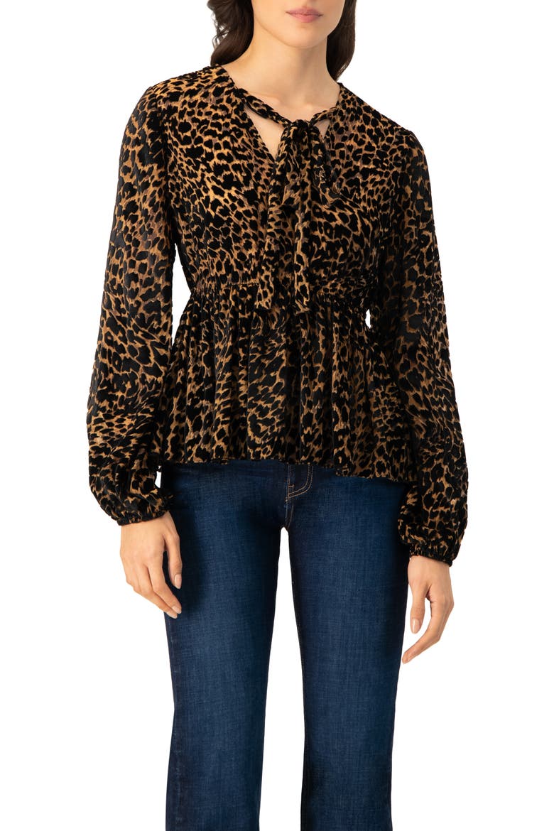 V-Neck Animal Print Blouse With Velvet Flock, Main, color, Black