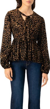 IVONNE V-Neck Animal Print Blouse With Velvet Flock