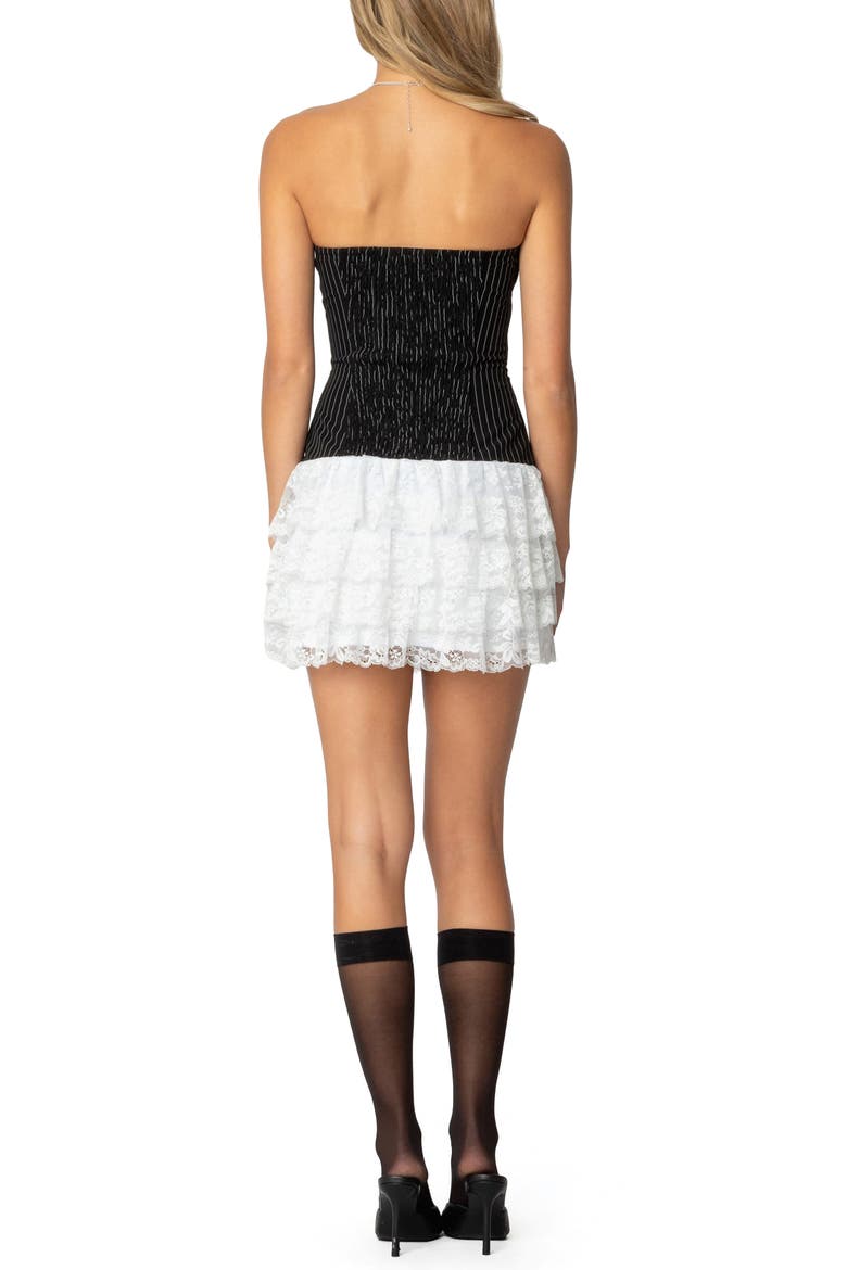 Pinstripe & Ruffle Strapless Minidress, Alternate, color, BLACK-AND-WHITE