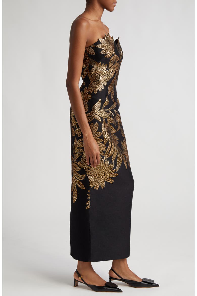 Metallic Floral Strapless Sheath Gown, Alternate, color, BLACK