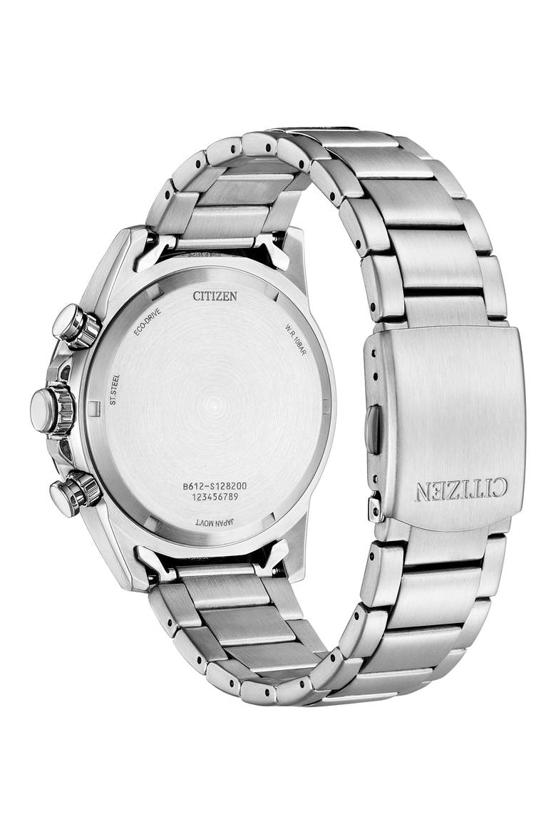 Eco Drive Chronograph Stainless Steel Bracelet Watch, 44mm, Alternate, color, SILVER