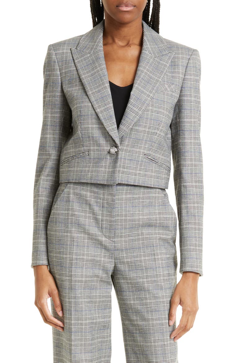 Fabiola Plaid Crop Blazer, Main, color, HEATHER GREY/ BLUE MULTI