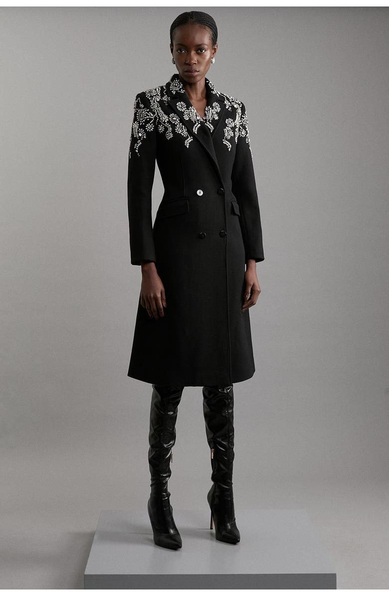 Karen Millen Tailored Wool Double Breasted Midi Coat, Alternate, color, Black