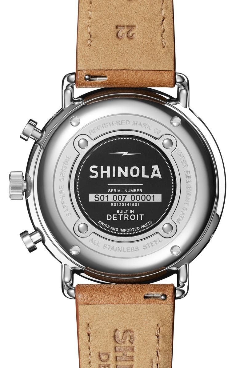 Shinola The Canfield Leather Strap Watch, 45mm, Alternate, color, Cognac/White