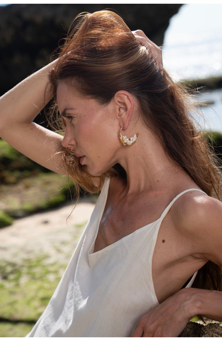 Classicharms Naomi Shell Pearl Cluster Molten Hoop Statement Earrings, Alternate, color, Gold