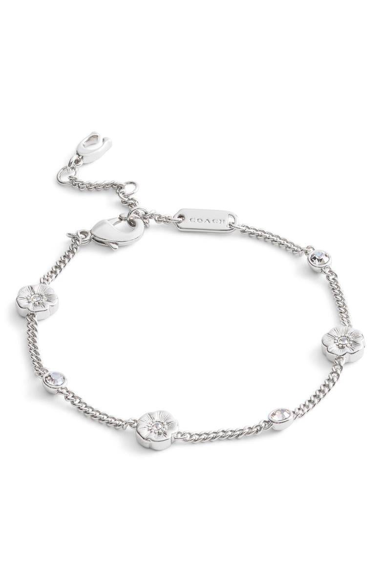 COACH Tea Rose & Crystal Station Bracelet, Main, color, Rhodium