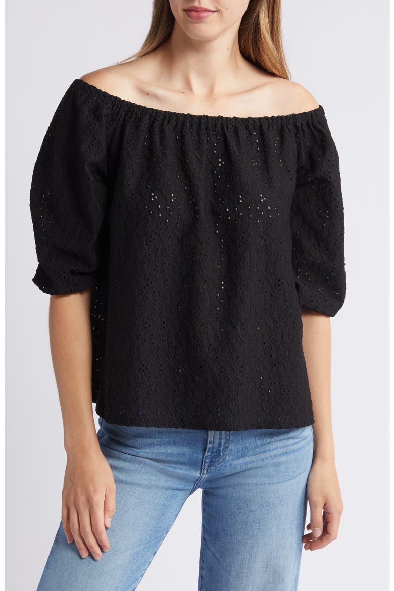 Off the Shoulder Eyelet Top, Main, color, BLACK