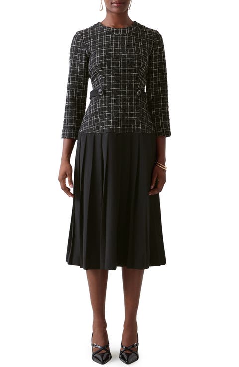 Maxine Metallic Tweed Pleated Dress