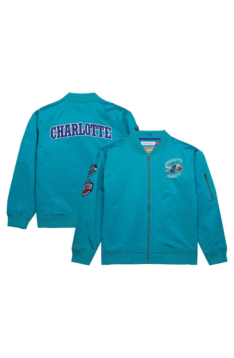 Mitchell & Ness Men's Mitchell & Ness Teal Charlotte Hornets Hardwood Classics Vintage Logo Full-Zip Bomber Jacket, Alternate, color, 