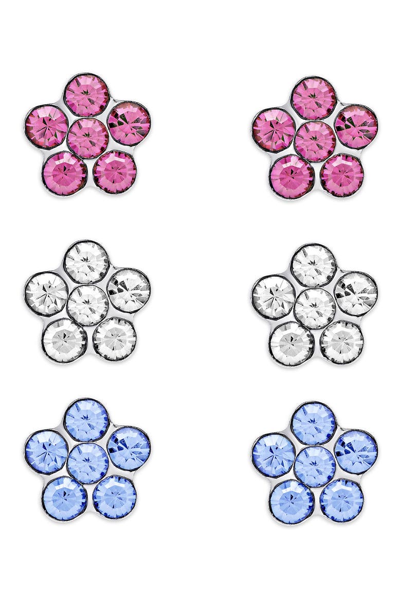 Set of 3 Kids' Crystal Flower Stud Earrings, Main, color, MULTI