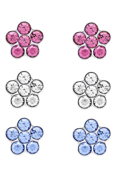 Set of 3 Kids' Crystal Flower Stud Earrings