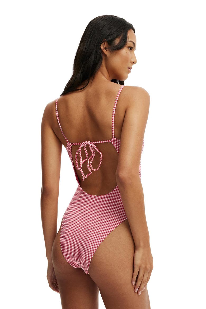 Women's Tie Back Strappy One Piece Brazilian, Alternate, color, Red Mini Gingham