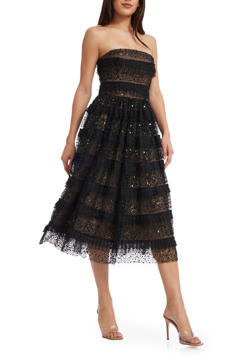 Dress the Population Ruby Embellished Ruffle Strapless Cocktail Dress, Alternate, color, Black-Nude