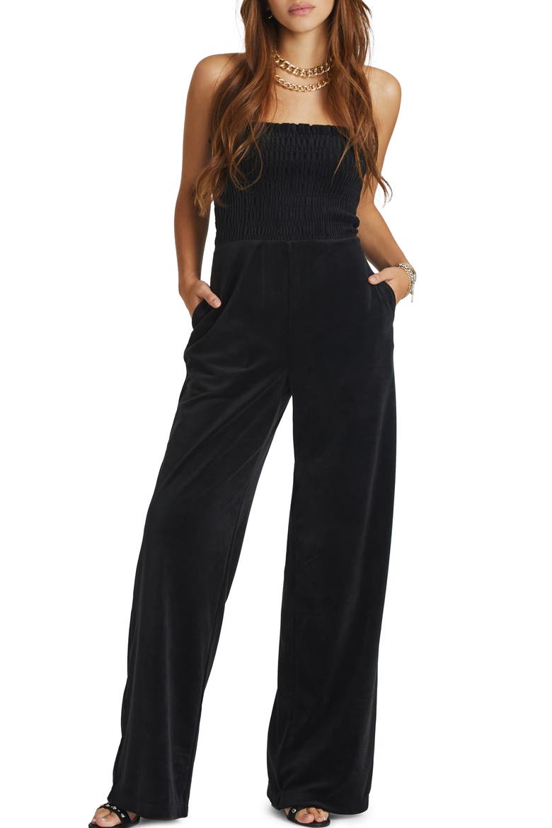 Smocked Strapless Velour Jumpsuit, Main, color, LIQUORICE