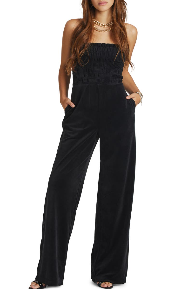 Juicy Couture Smocked Strapless Velour Jumpsuit, Main, color,