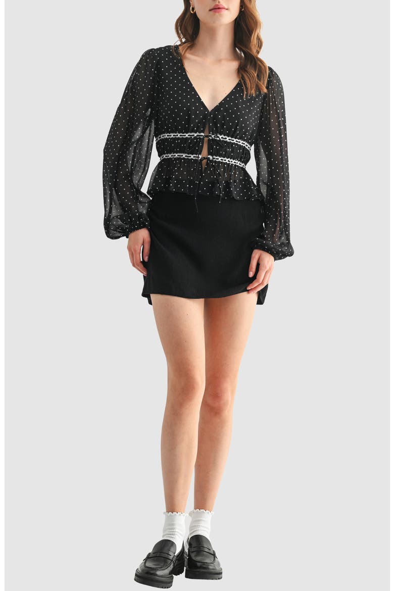 Lace Inset Tie Front Top, Alternate, color, BLACK WHITE DOT