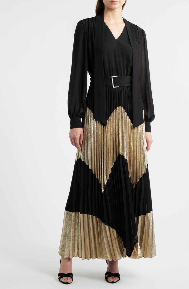 Elie Tahari The Carrie Pleated Chevron Long Sleeve Maxi Dress, Main, color, Noir/ Metallic Gold