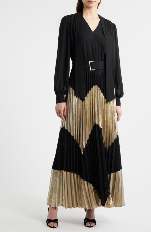Elie Tahari The Carrie Gilded Pleated Long Sleeve Maxi Dress In Noir And  Gold | ModeSens