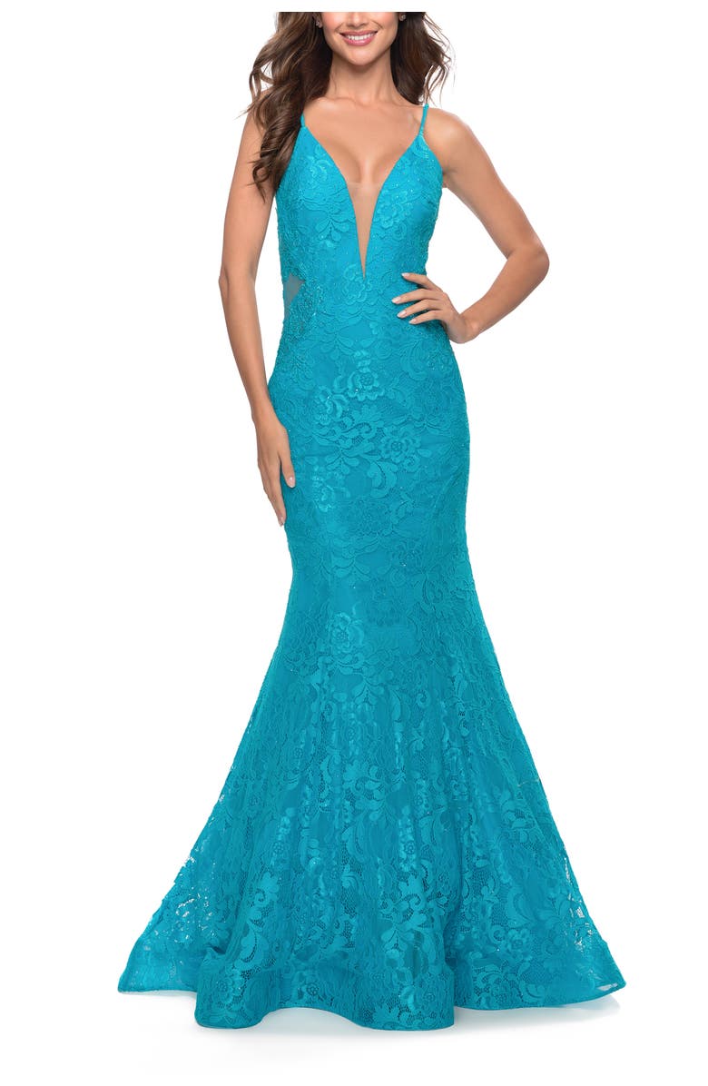 La Femme Long Mermaid Lace Dress with Back Rhinestone Detail, Main, color, Aqua