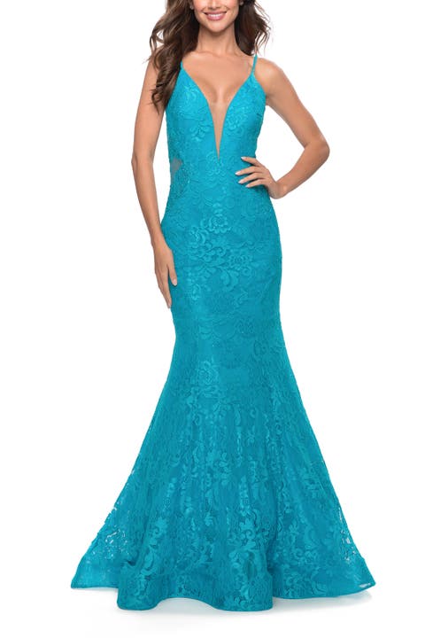 Long Mermaid Lace Dress with Back Rhinestone Detail