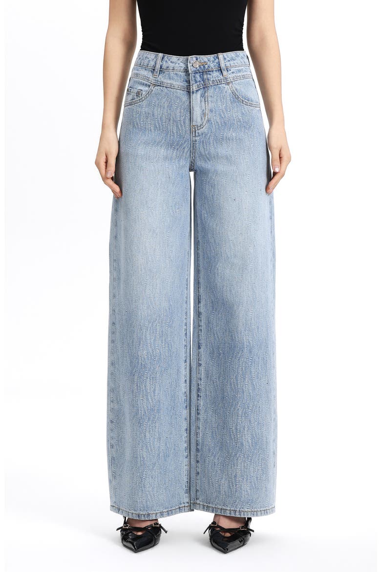 Embellished Textured High Waist Wide Leg Jeans, Main, color, CERULEAN
