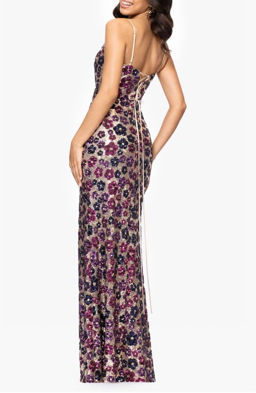 BETSY & ADAM BETSY & ADAM FLORAL SEQUIN GOWN 