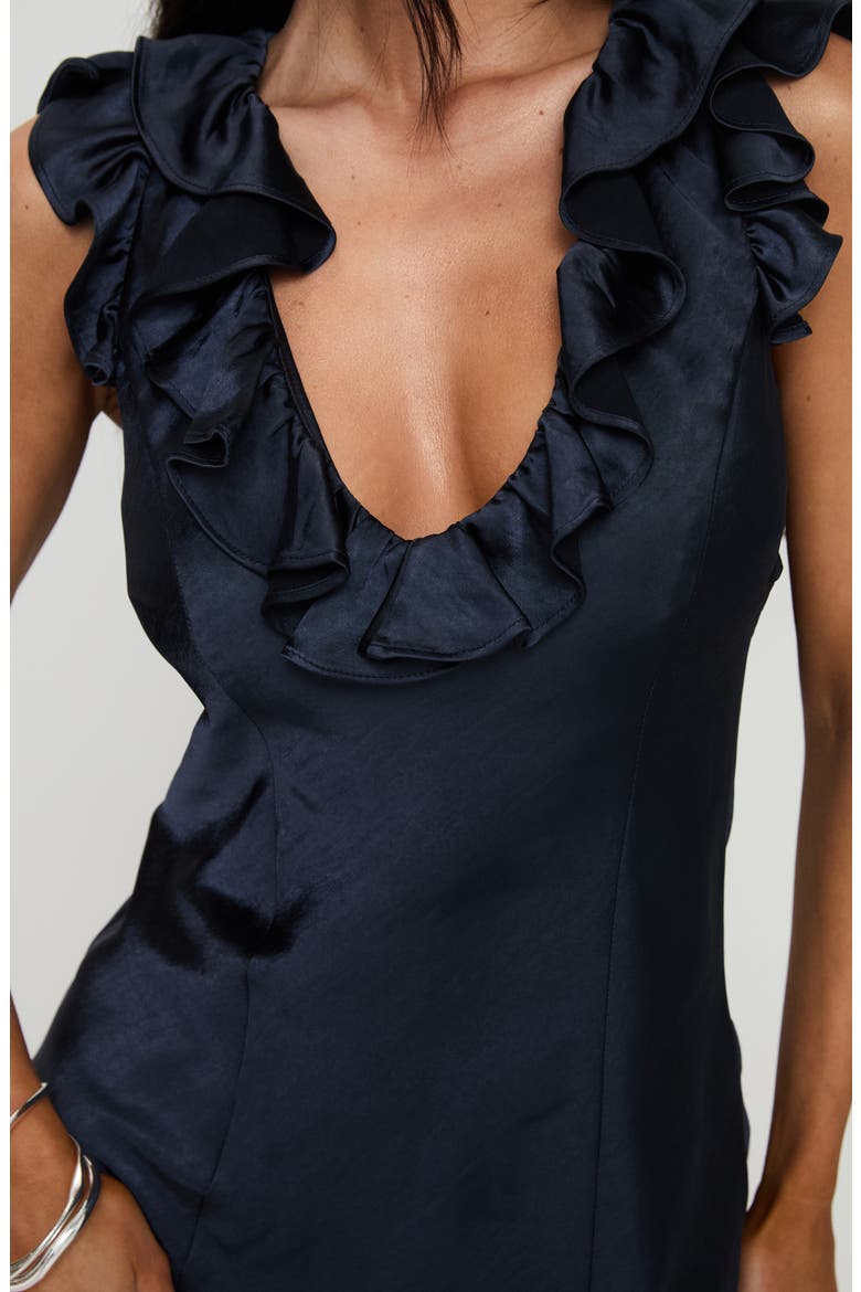 Butacup Ruffle Plunge Neck Satin Minidress, Alternate, color, NAVY