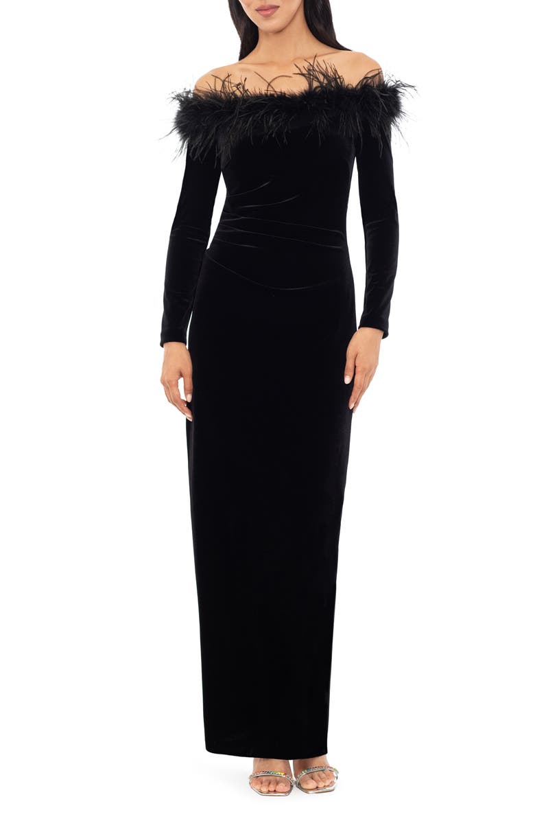 Xscape Evenings Feather Trim Off the Shoulder Long Sleeve Scuba Maxi Dress, Main, color,