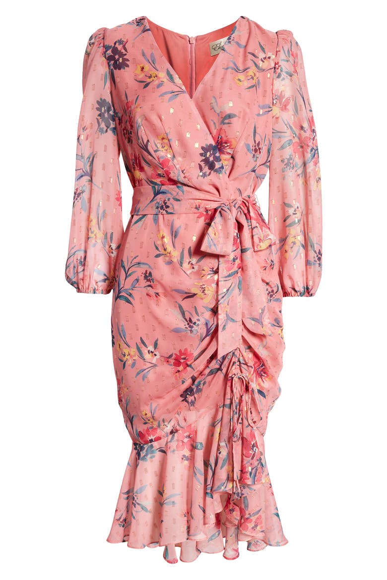 Metallic Fleck Floral Long Sleeve Body-Con Dress, Alternate, color, BLUSH